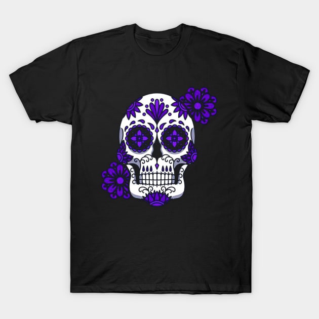 Purple Floral Sugar Skull Flowers T-Shirt by eraillustrationart